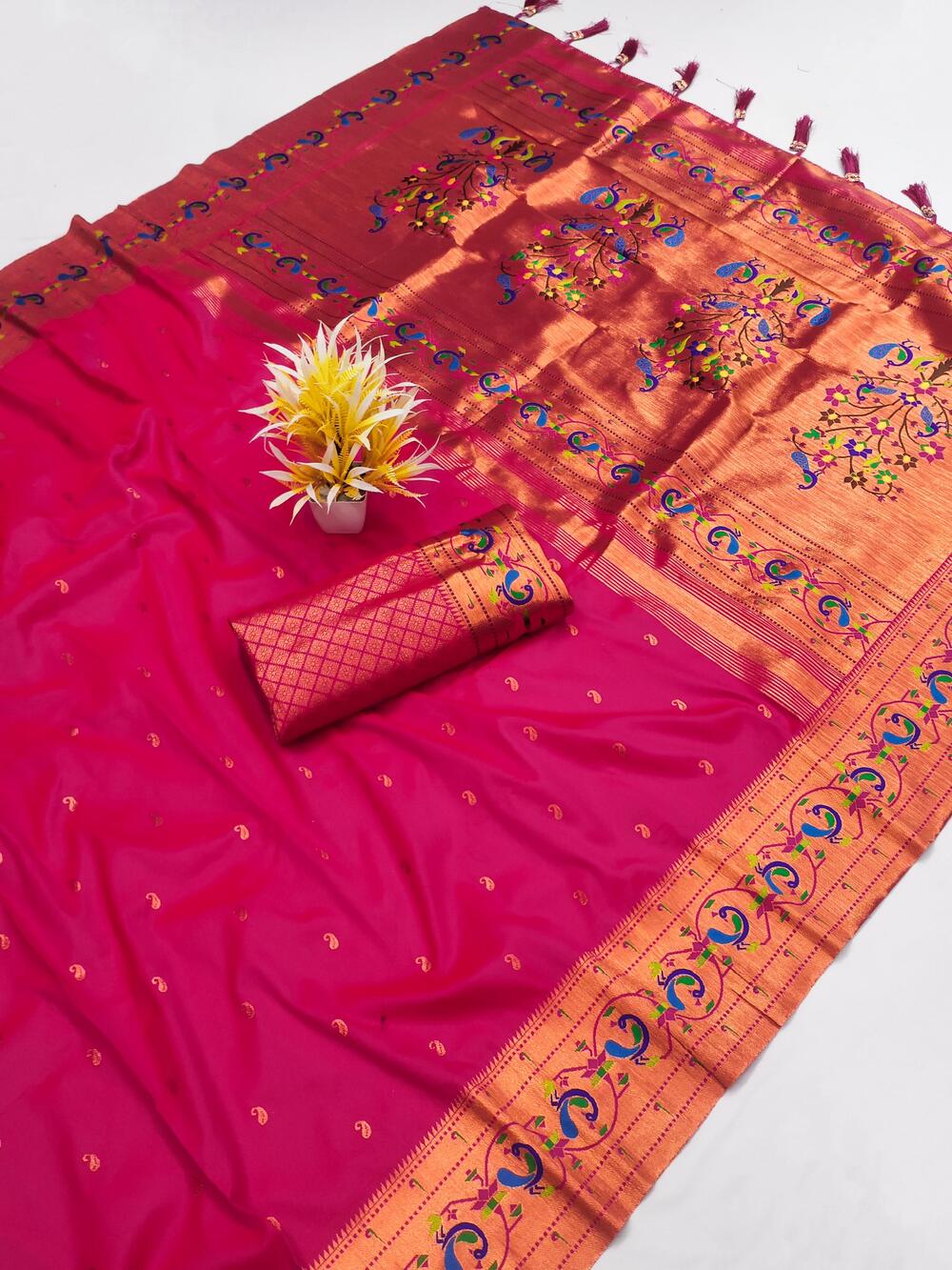Beautiful Dark Pink Paithani Silk Saree With Ethnic Blouse Piece - Surats Fabric