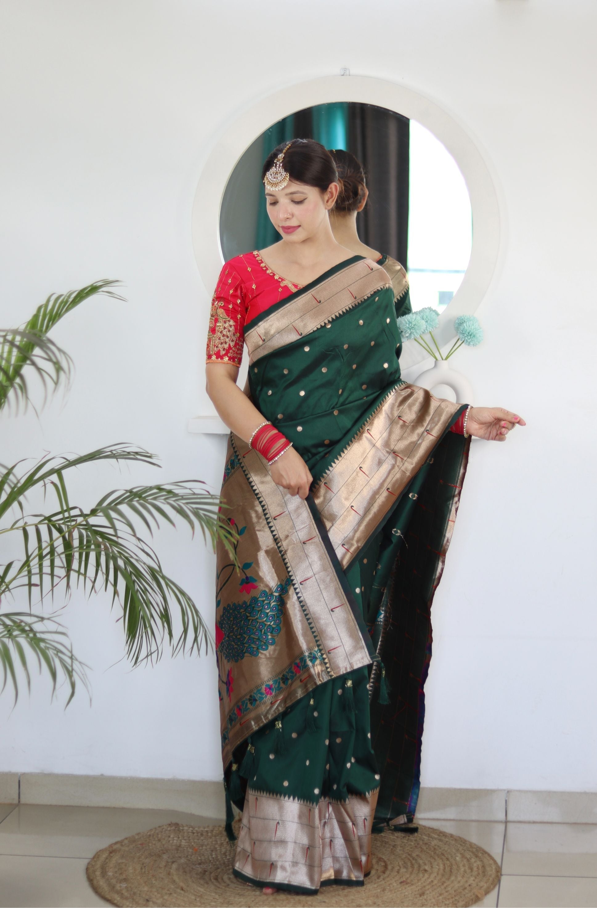 Breathtaking Dark Green Paithani Silk Saree With Majesty Blouse Piece - Surats Fabric