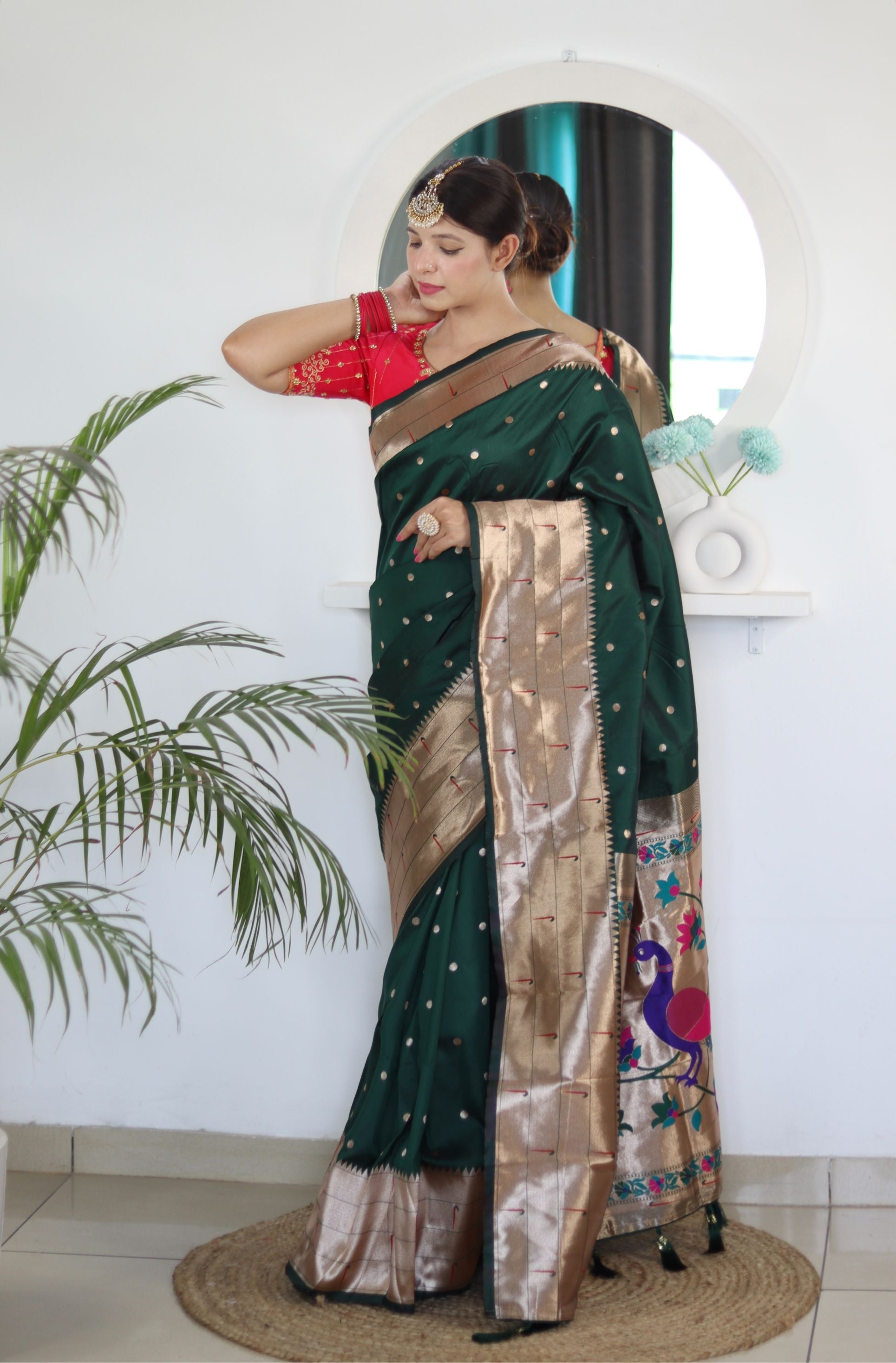 Breathtaking Dark Green Paithani Silk Saree With Majesty Blouse Piece - Surats Fabric