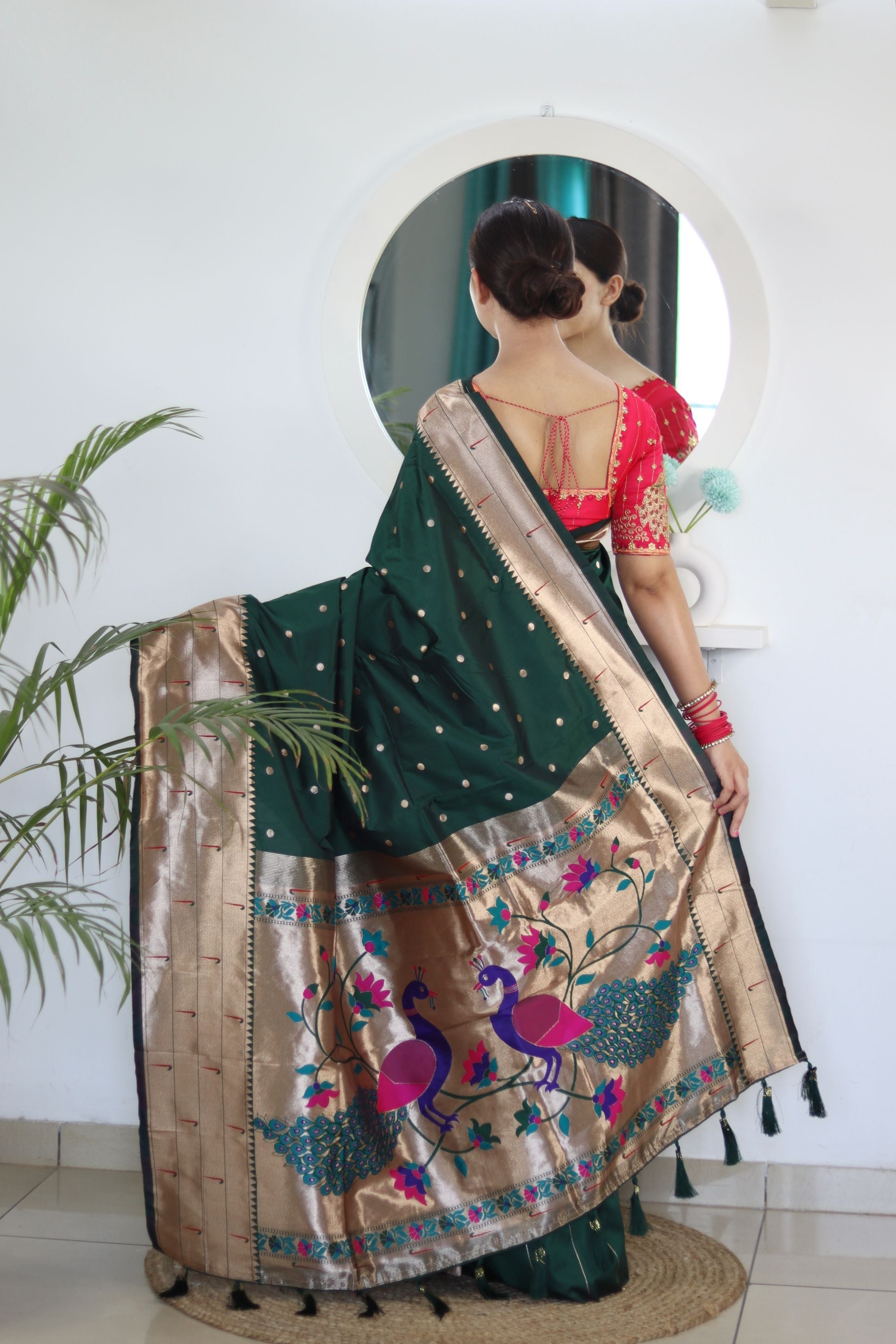 Breathtaking Dark Green Paithani Silk Saree With Majesty Blouse Piece - Surats Fabric
