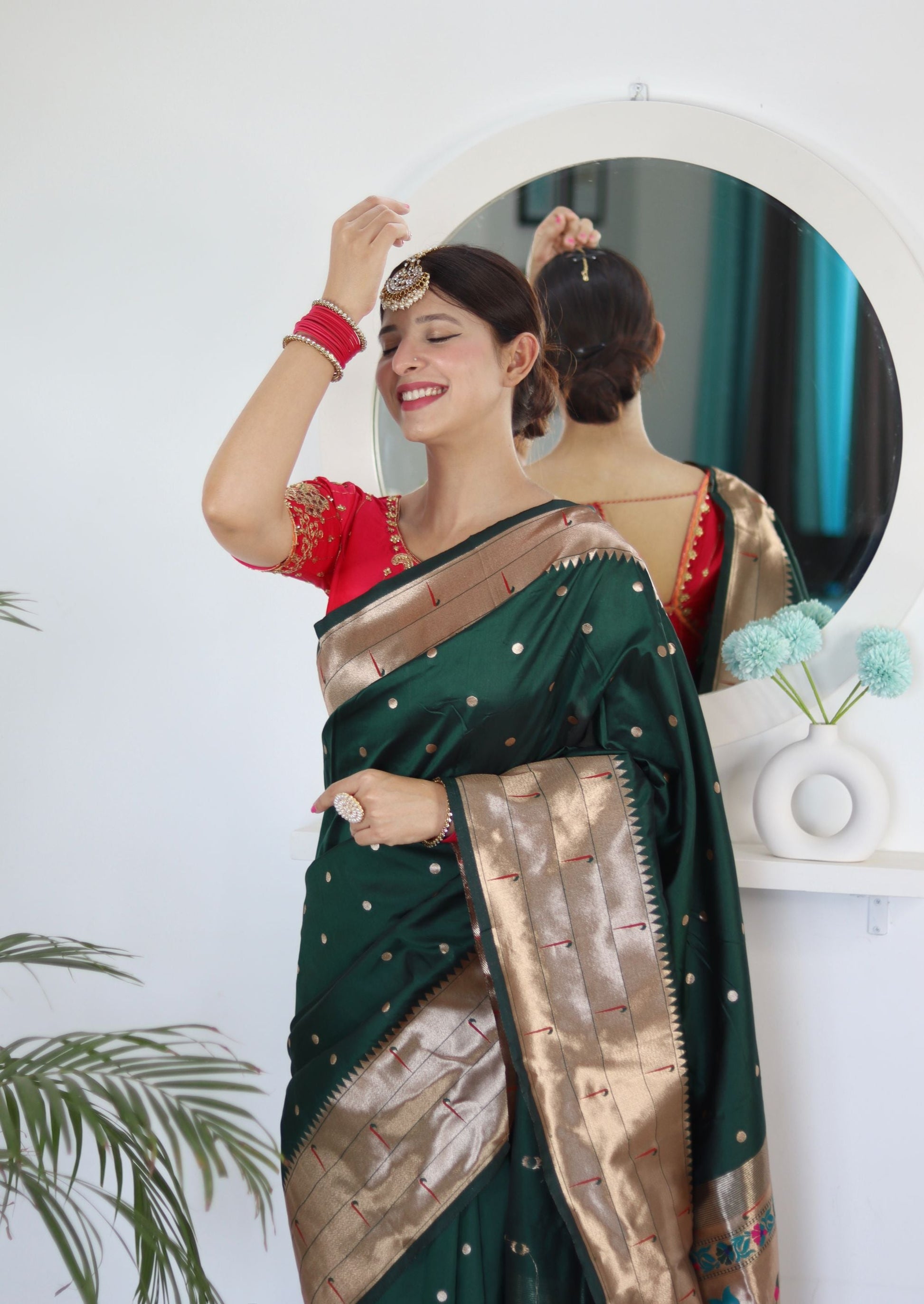 Breathtaking Dark Green Paithani Silk Saree With Majesty Blouse Piece - Surats Fabric