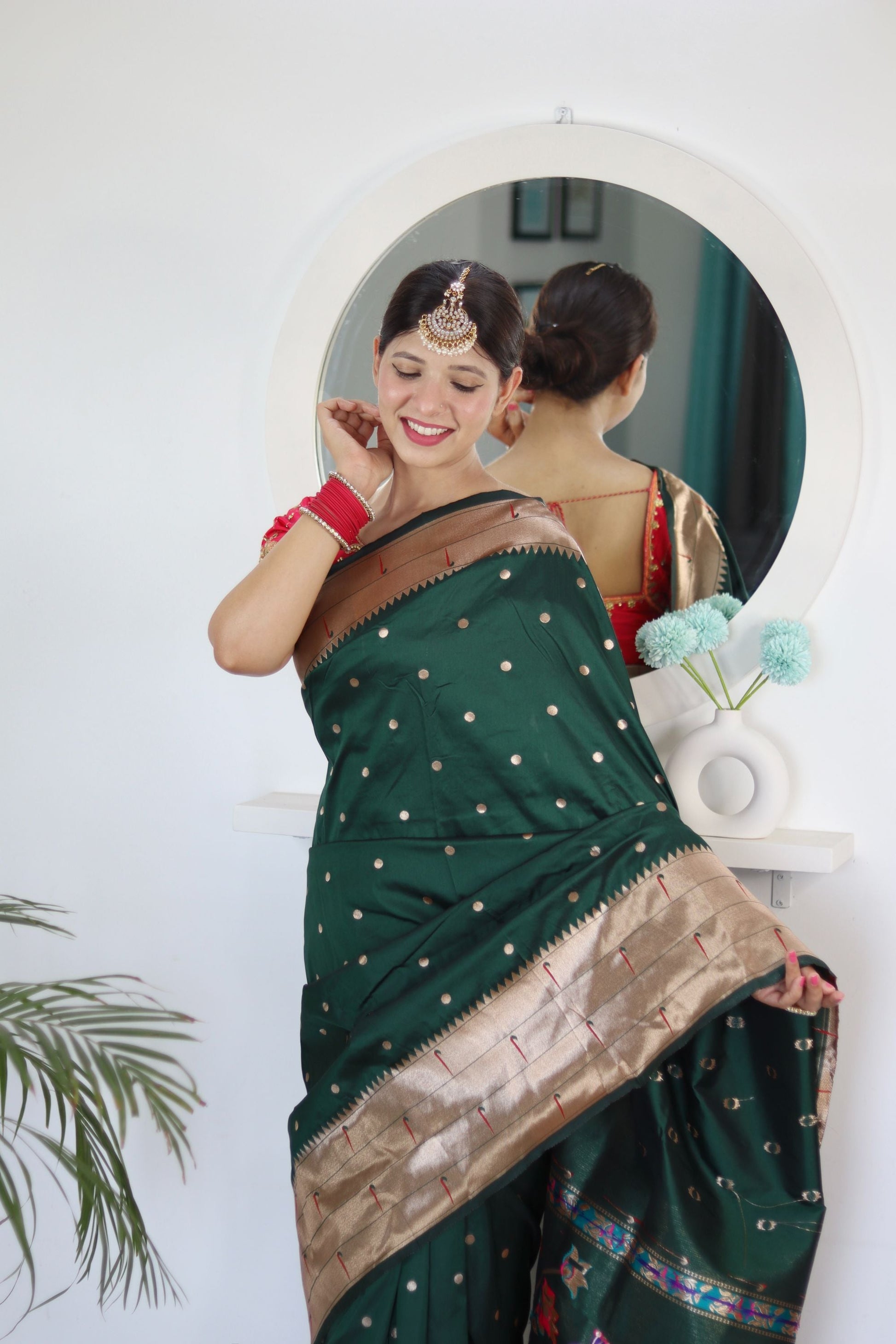 Breathtaking Dark Green Paithani Silk Saree With Majesty Blouse Piece - Surats Fabric