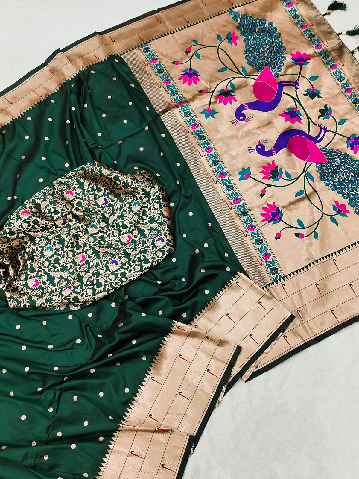 Breathtaking Dark Green Paithani Silk Saree With Majesty Blouse Piece - Surats Fabric