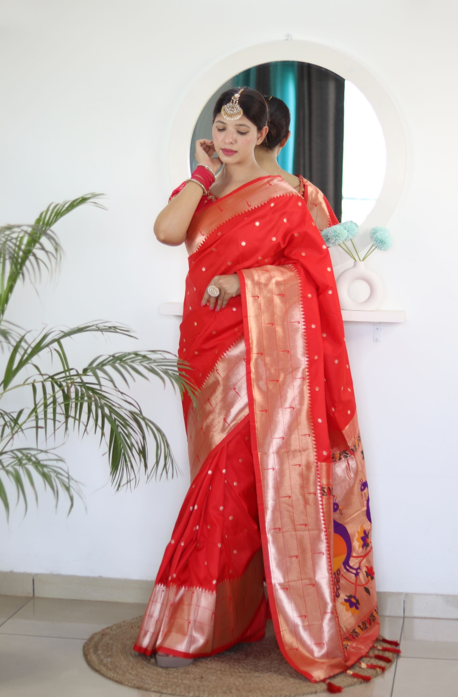 Appealing Red Paithani Silk Saree With Impressive Blouse Piece - Surats Fabric