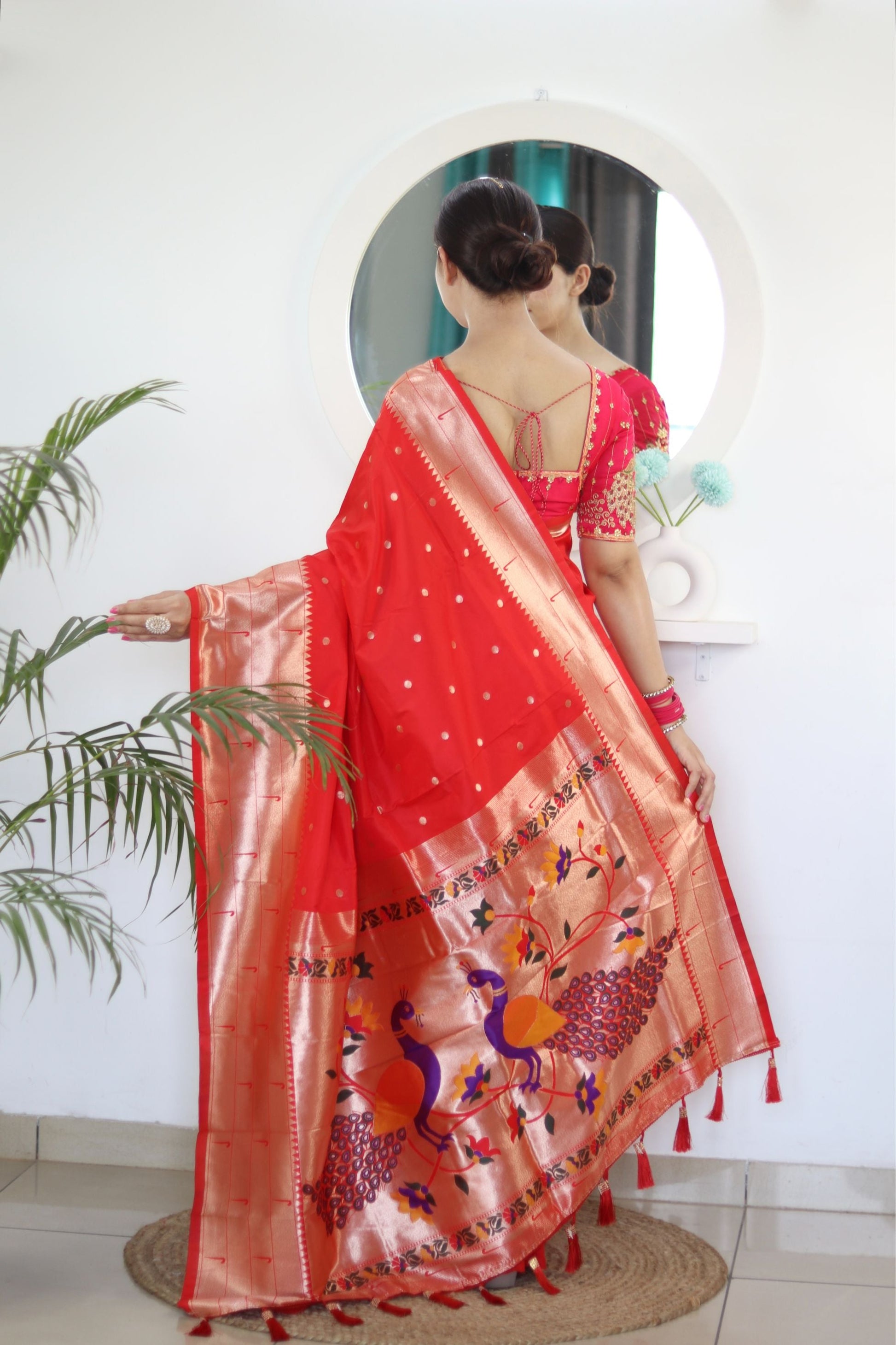 Appealing Red Paithani Silk Saree With Impressive Blouse Piece - Surats Fabric