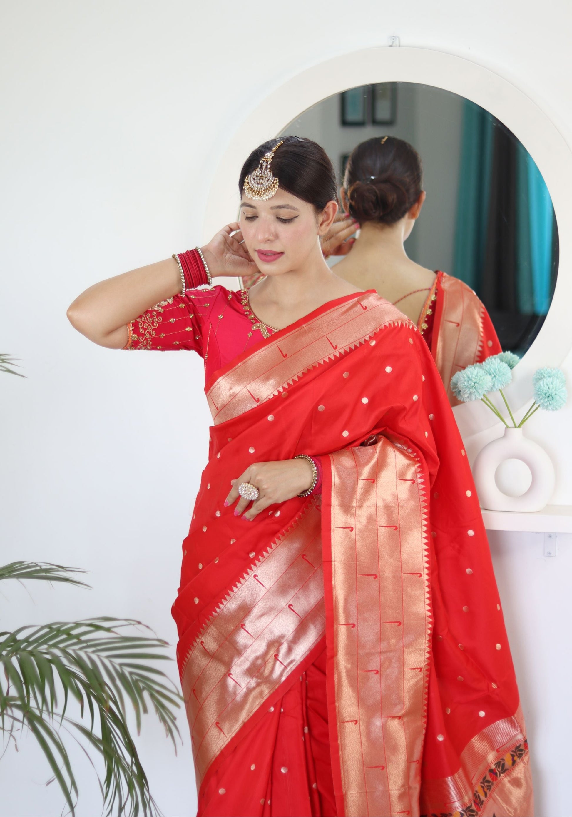 Appealing Red Paithani Silk Saree With Impressive Blouse Piece - Surats Fabric