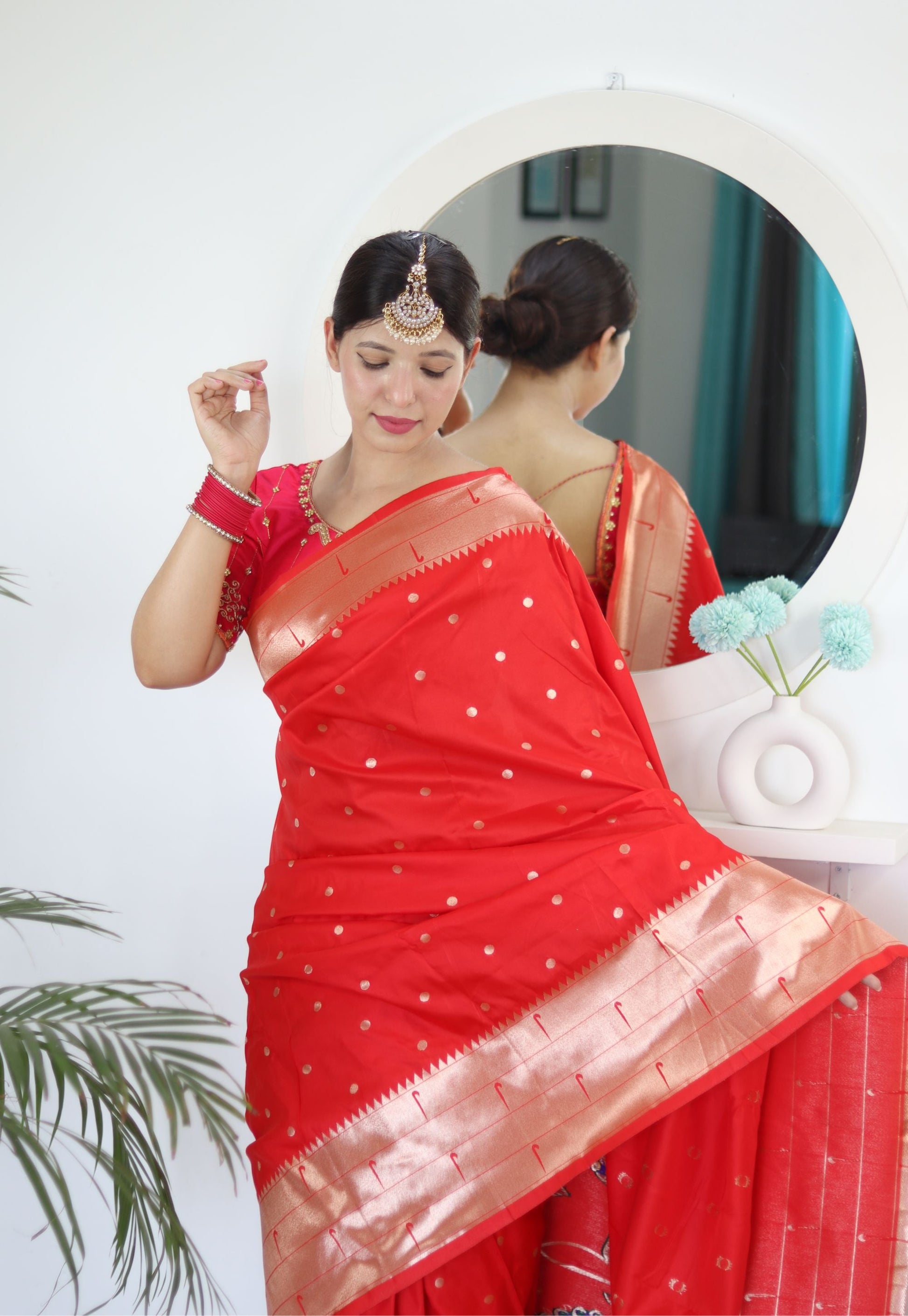 Appealing Red Paithani Silk Saree With Impressive Blouse Piece - Surats Fabric