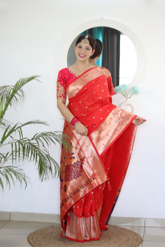 Appealing Red Paithani Silk Saree With Impressive Blouse Piece - Surats Fabric
