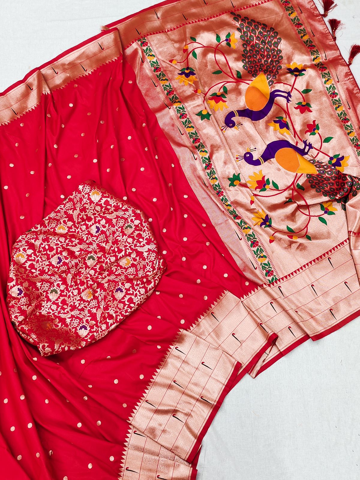 Appealing Red Paithani Silk Saree With Impressive Blouse Piece - Surats Fabric