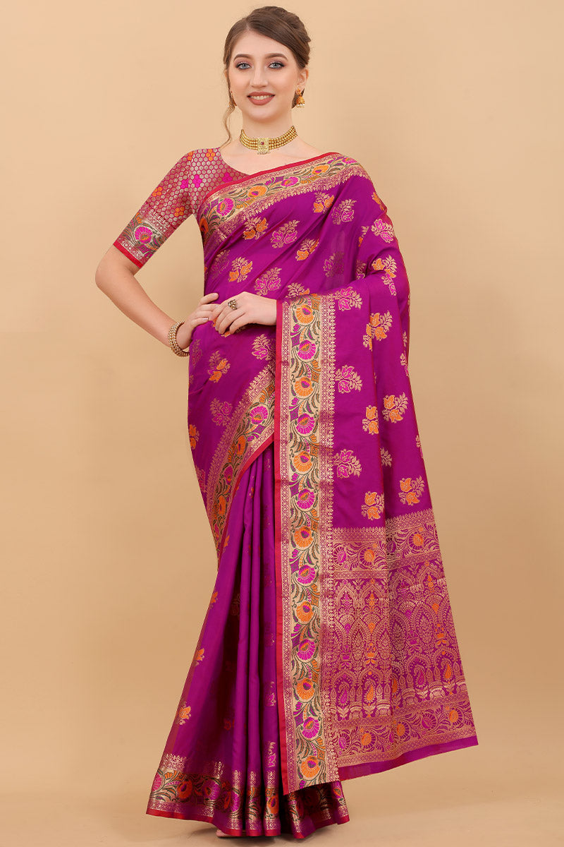 Appealing Purple Soft Banarasi Silk Saree With Exceptional Blouse Piece - Surats Fabric