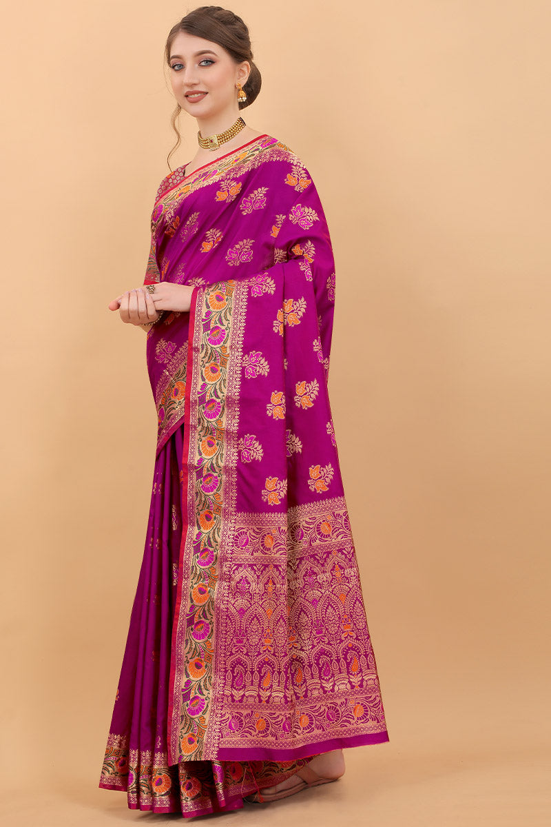 Appealing Purple Soft Banarasi Silk Saree With Exceptional Blouse Piece - Surats Fabric