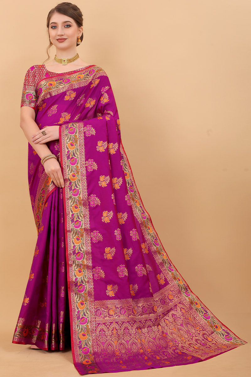 Appealing Purple Soft Banarasi Silk Saree With Exceptional Blouse Piece - Surats Fabric