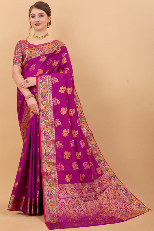 Appealing Purple Soft Banarasi Silk Saree With Exceptional Blouse Piece - Surats Fabric