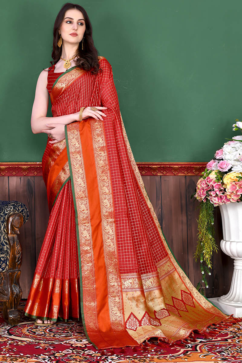 Bewitching Red Soft Banarasi Silk Saree With Demure Blouse Piece - Surats Fabric