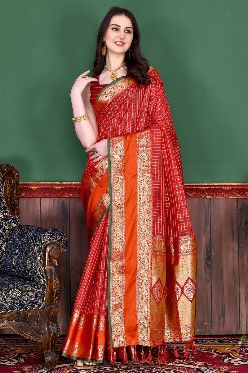 Bewitching Red Soft Banarasi Silk Saree With Demure Blouse Piece - Surats Fabric