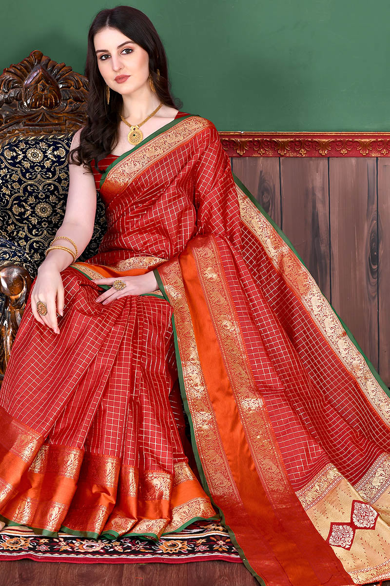 Bewitching Red Soft Banarasi Silk Saree With Demure Blouse Piece - Surats Fabric
