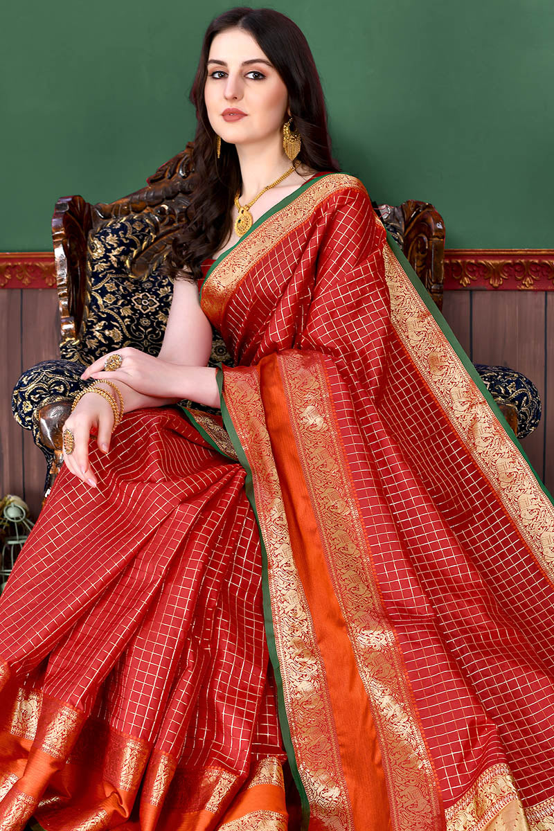 Bewitching Red Soft Banarasi Silk Saree With Demure Blouse Piece - Surats Fabric