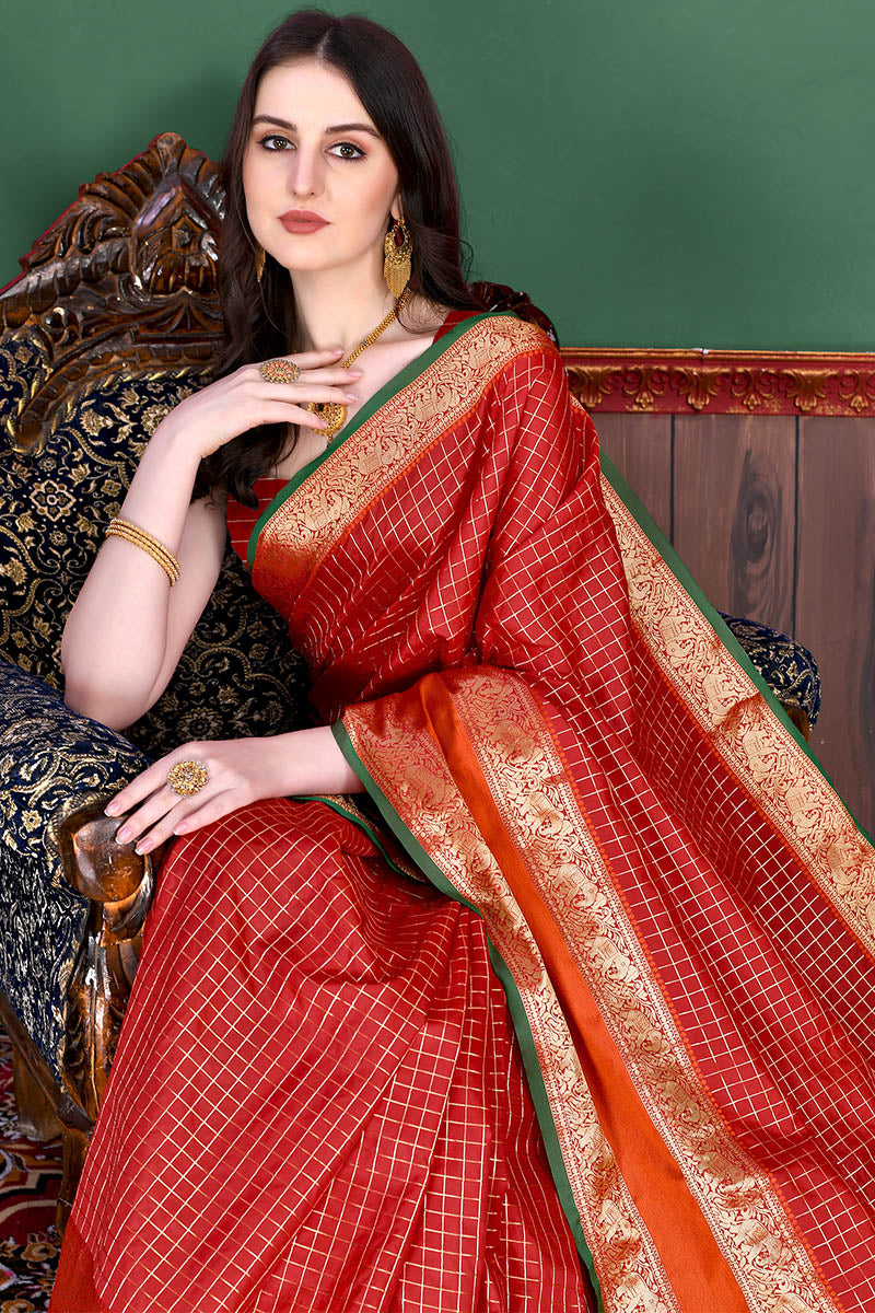 Bewitching Red Soft Banarasi Silk Saree With Demure Blouse Piece - Surats Fabric