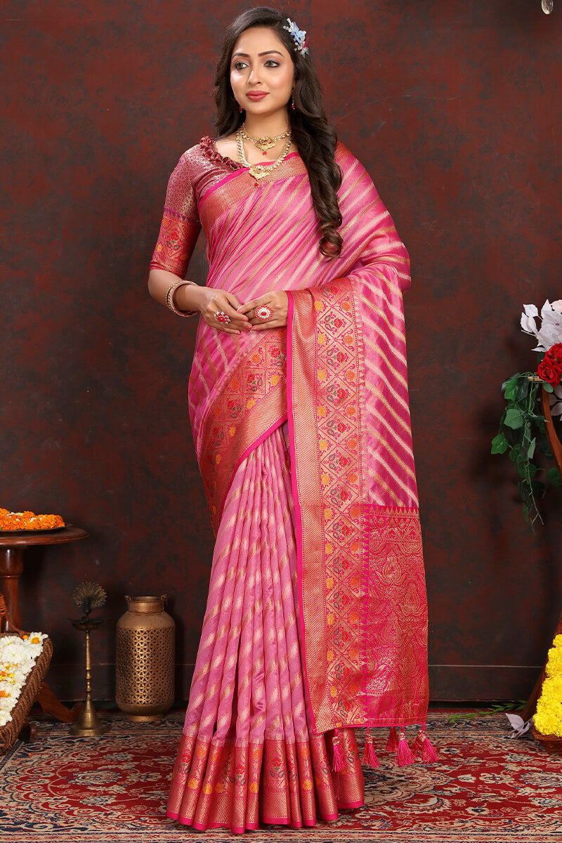 Blooming Pink Soft Banarasi Silk Saree With Glowing Blouse Piece - Surats Fabric