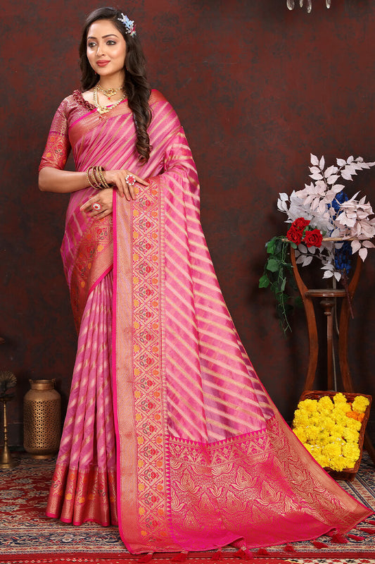 Blooming Pink Soft Banarasi Silk Saree With Glowing Blouse Piece - Surats Fabric