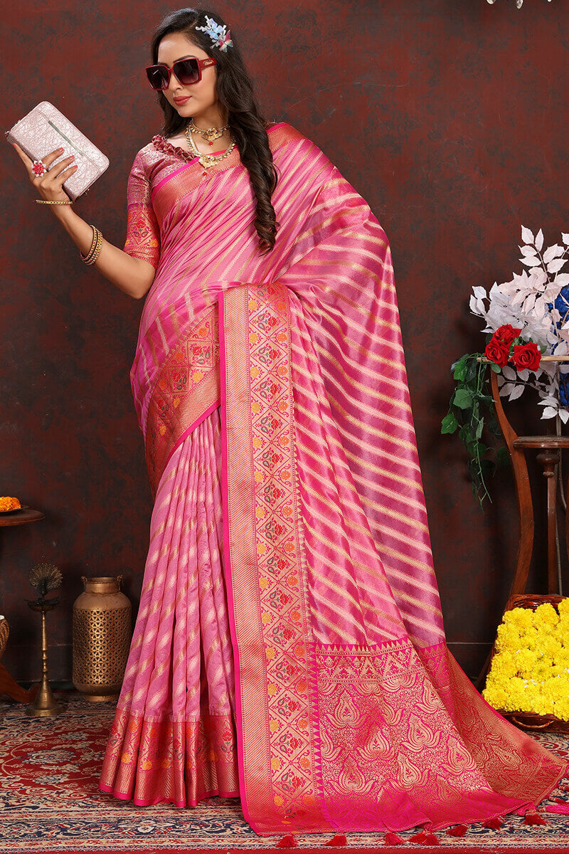 Blooming Pink Soft Banarasi Silk Saree With Glowing Blouse Piece - Surats Fabric