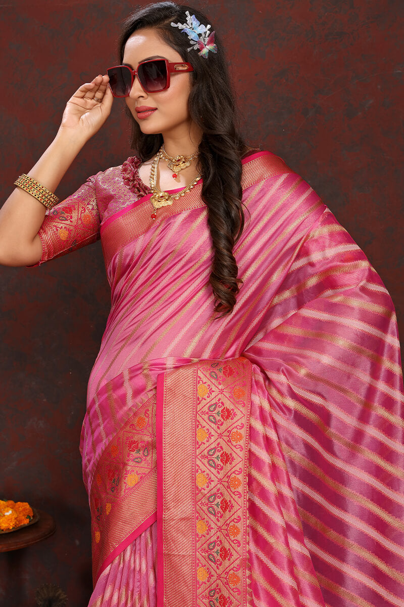 Blooming Pink Soft Banarasi Silk Saree With Glowing Blouse Piece - Surats Fabric