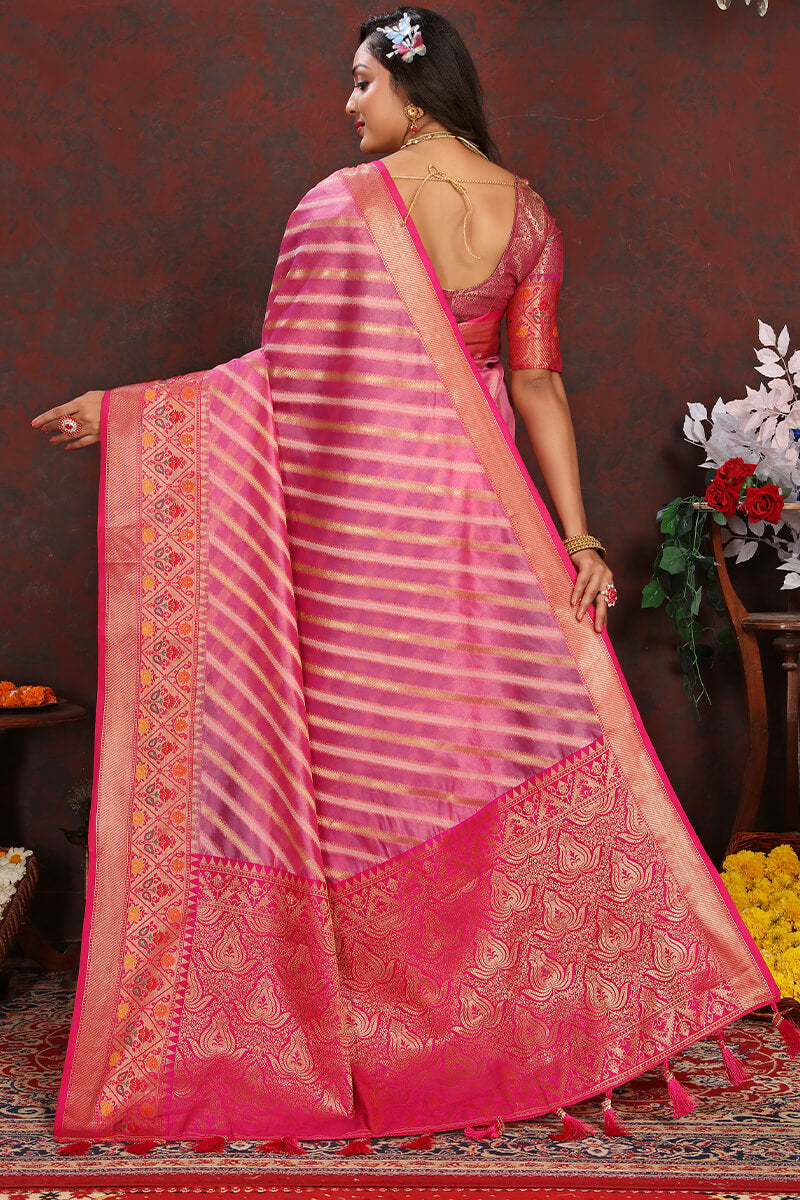 Blooming Pink Soft Banarasi Silk Saree With Glowing Blouse Piece - Surats Fabric