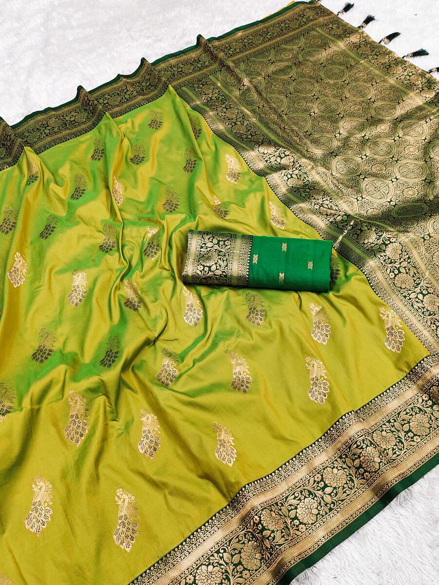 Blissful Mehndi Soft Banarasi Silk Saree With Gorgeous Blouse Piece - Surats Fabric