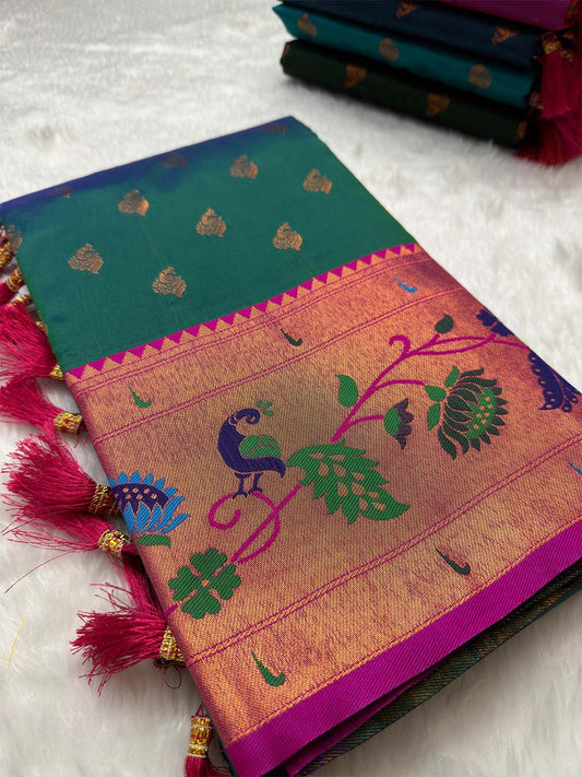 Bewitching Sea Green Paithani Silk Saree With Bucolic Blouse Piece - Surats Fabric