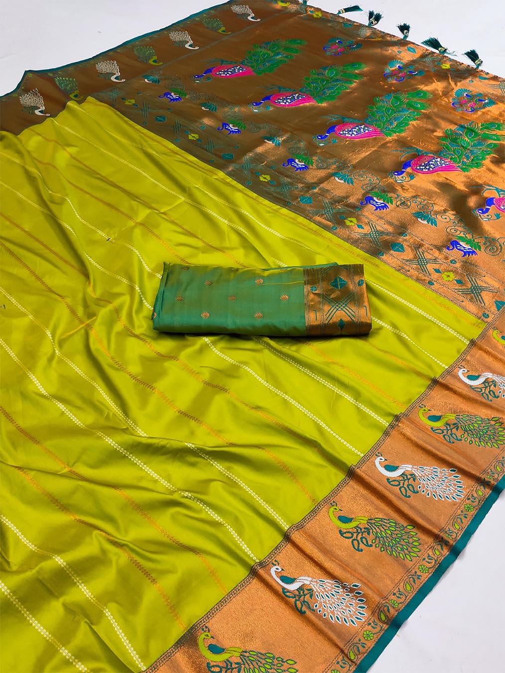 Capricious Parrot Paithani Silk Saree With Gleaming Blouse Piece - Surats Fabric