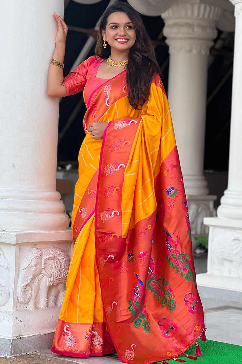 Brood Yellow Paithani Silk Saree With Ebullience Blouse Piece - Surats Fabric