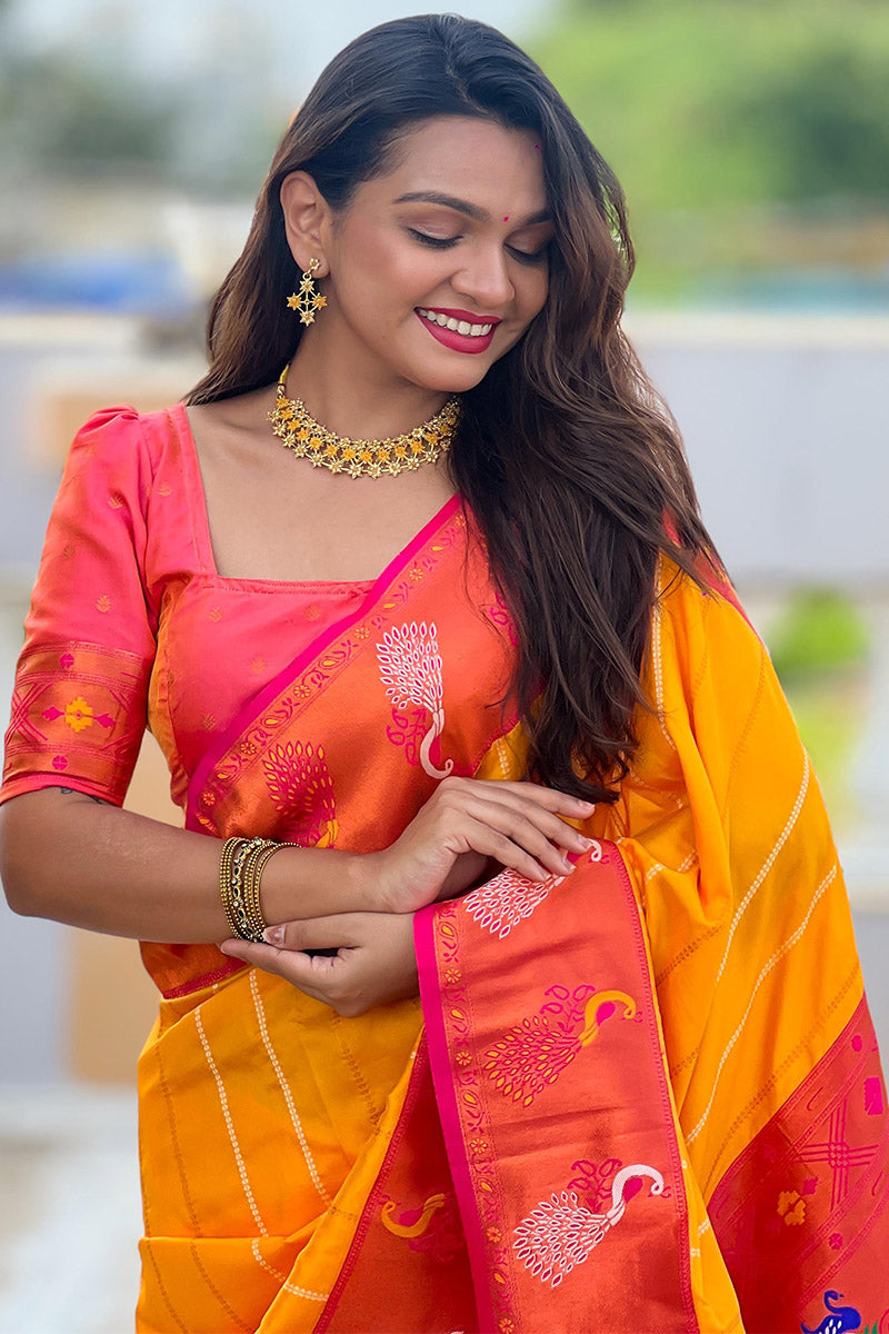 Brood Yellow Paithani Silk Saree With Ebullience Blouse Piece - Surats Fabric