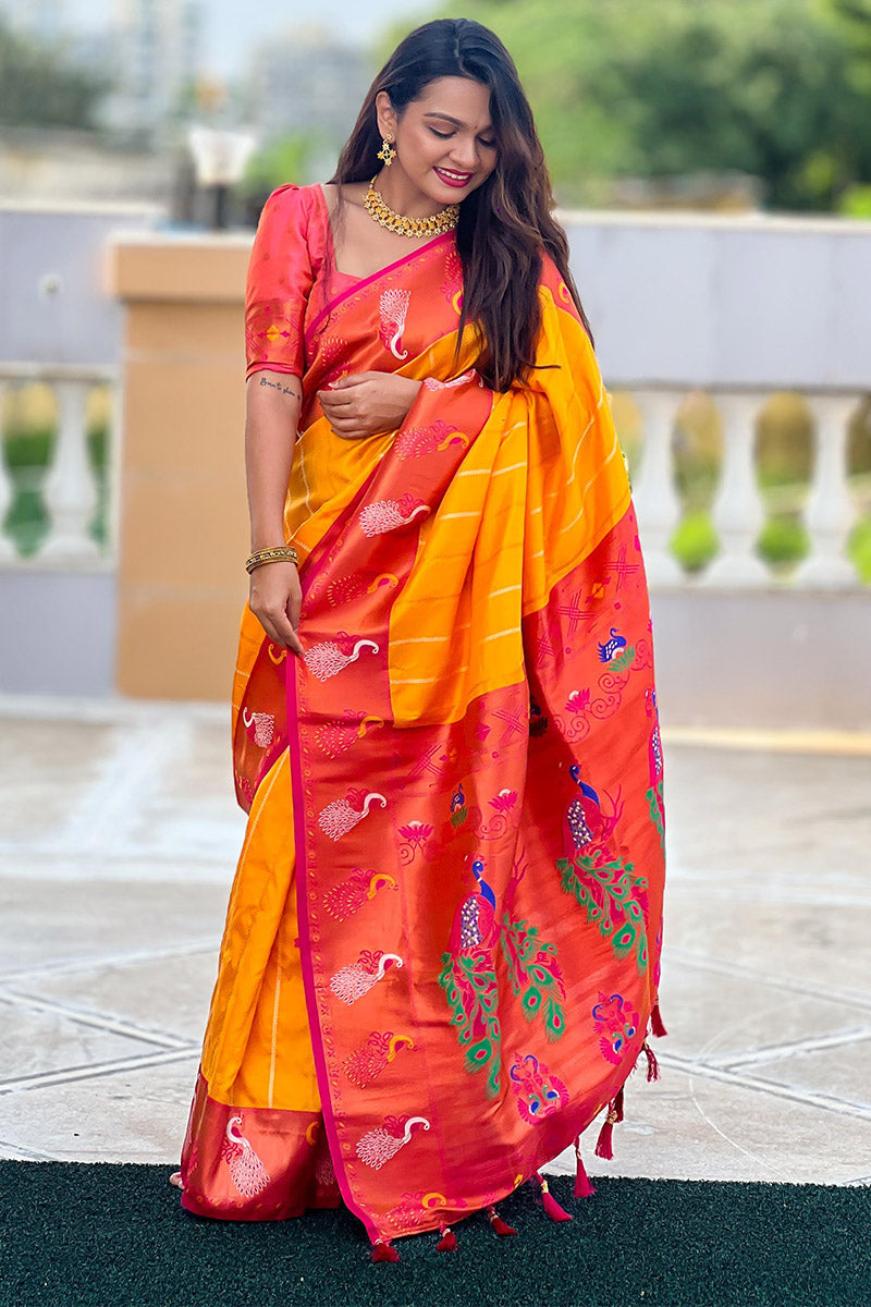 Brood Yellow Paithani Silk Saree With Ebullience Blouse Piece - Surats Fabric