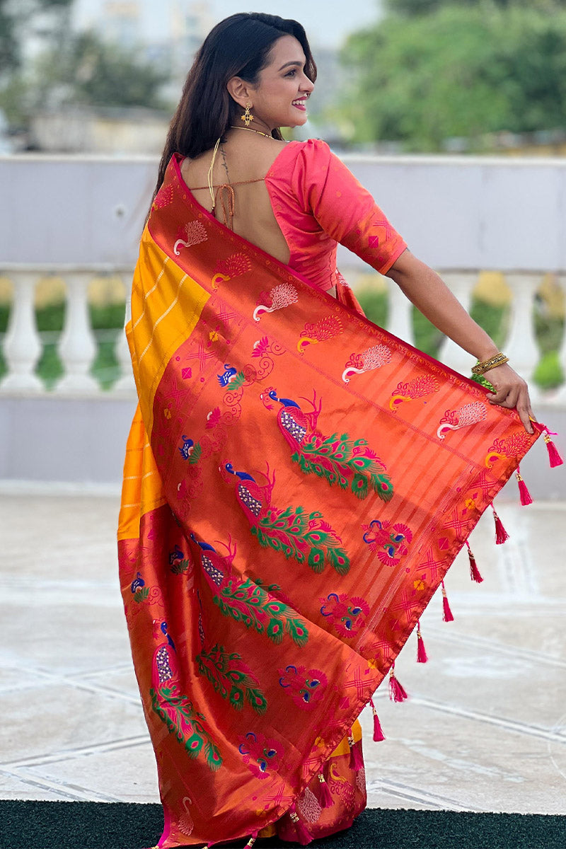 Brood Yellow Paithani Silk Saree With Ebullience Blouse Piece - Surats Fabric