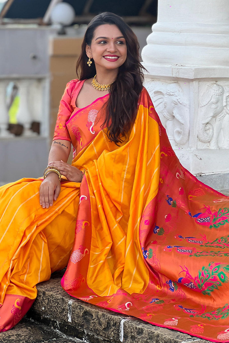 Brood Yellow Paithani Silk Saree With Ebullience Blouse Piece - Surats Fabric