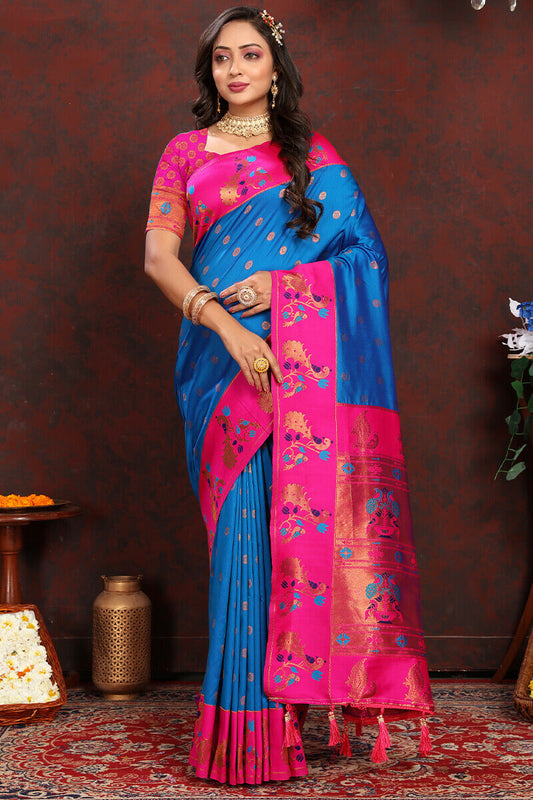 Capricious Blue Paithani Silk Saree With Glowing Blouse Piece - Surats Fabric