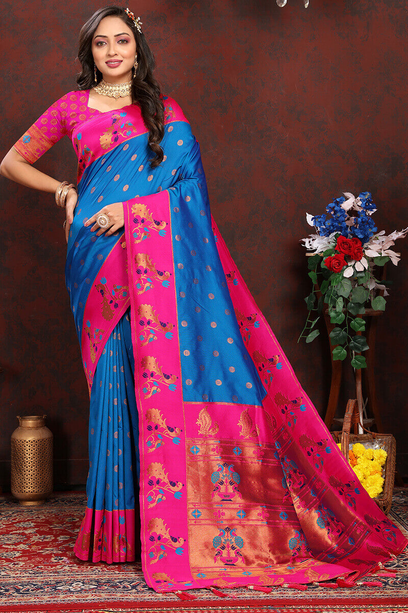 Capricious Blue Paithani Silk Saree With Glowing Blouse Piece - Surats Fabric