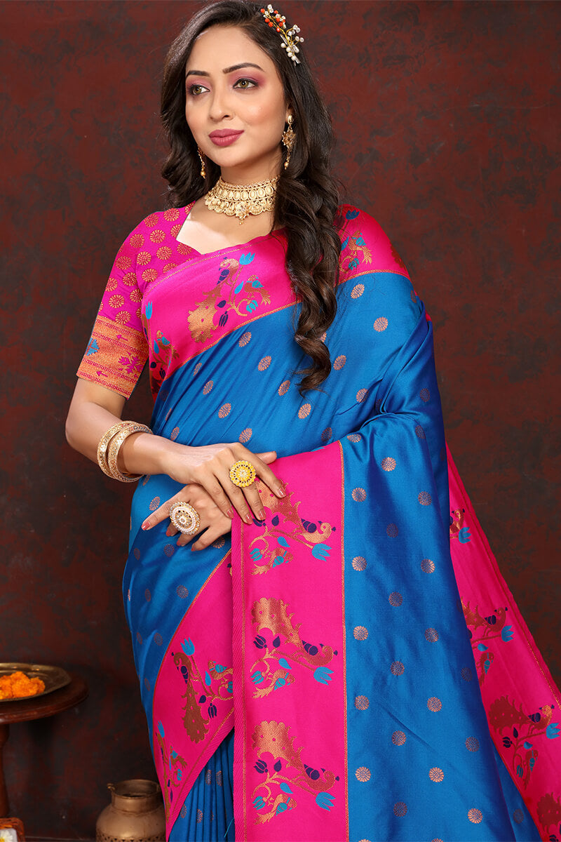 Capricious Blue Paithani Silk Saree With Glowing Blouse Piece - Surats Fabric