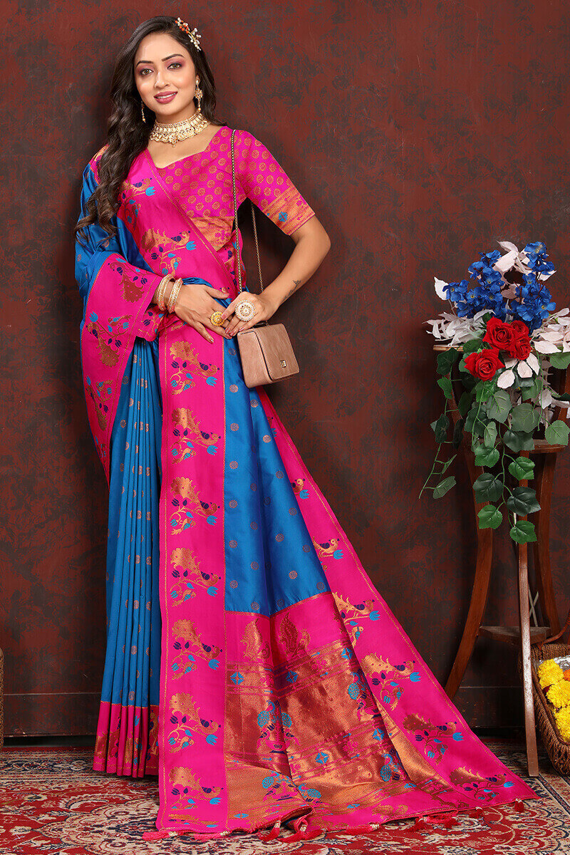Capricious Blue Paithani Silk Saree With Glowing Blouse Piece - Surats Fabric