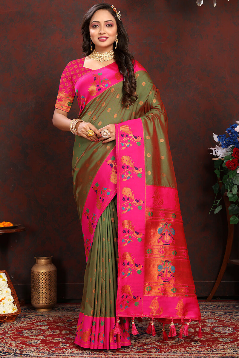 Breathtaking Mehndi Paithani Silk Saree With Designer Blouse Piece - Surats Fabric