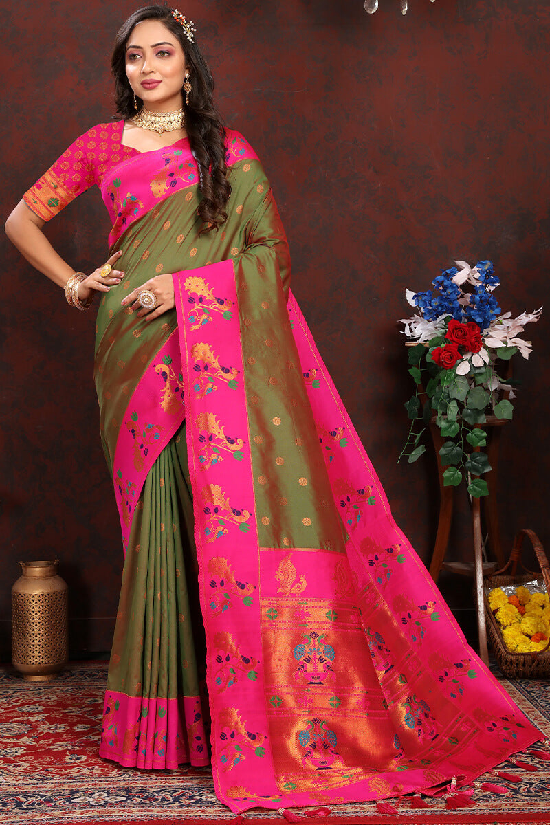 Breathtaking Mehndi Paithani Silk Saree With Designer Blouse Piece - Surats Fabric