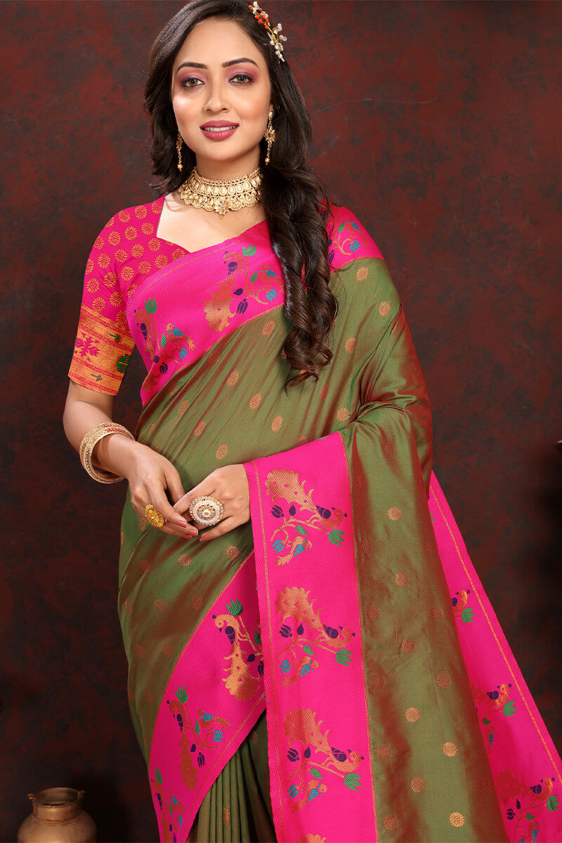 Breathtaking Mehndi Paithani Silk Saree With Designer Blouse Piece - Surats Fabric