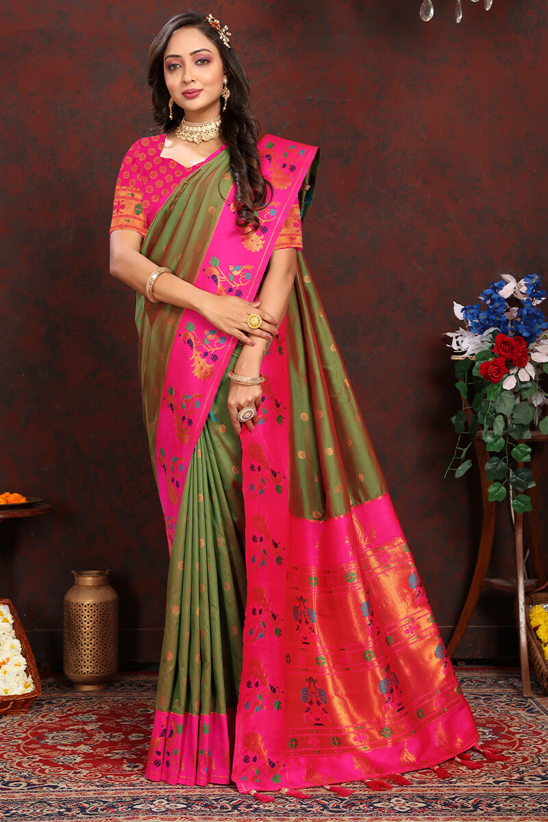 Breathtaking Mehndi Paithani Silk Saree With Designer Blouse Piece - Surats Fabric