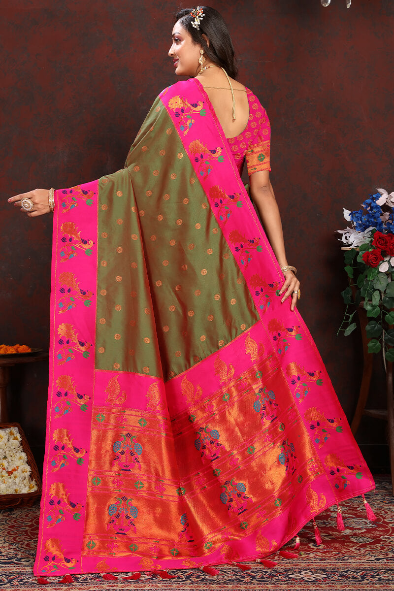 Breathtaking Mehndi Paithani Silk Saree With Designer Blouse Piece - Surats Fabric