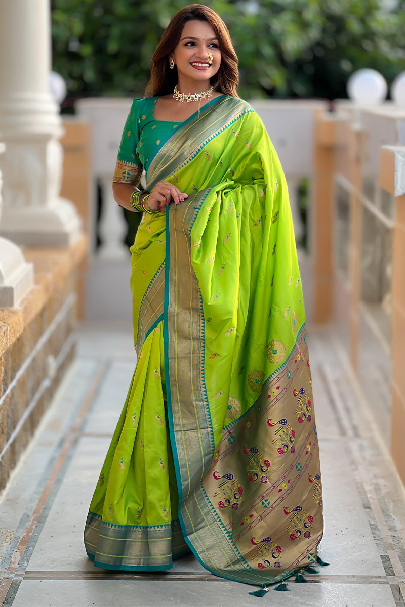 Appealing Parrot Paithani Silk Saree With Ravishing Blouse Piece - Surats Fabric