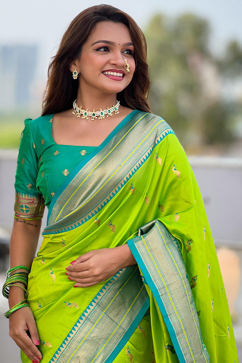 Appealing Parrot Paithani Silk Saree With Ravishing Blouse Piece - Surats Fabric