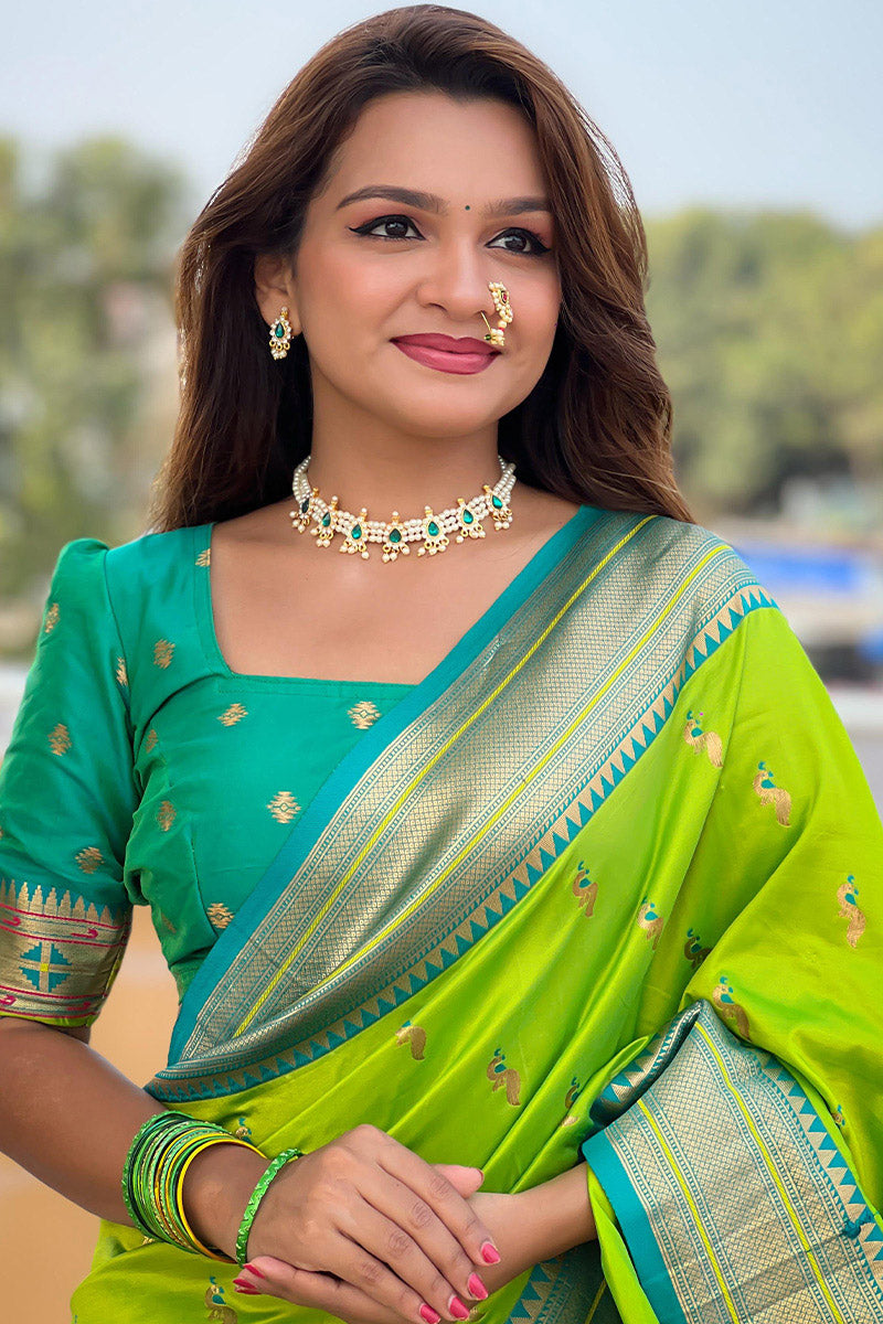 Appealing Parrot Paithani Silk Saree With Ravishing Blouse Piece - Surats Fabric