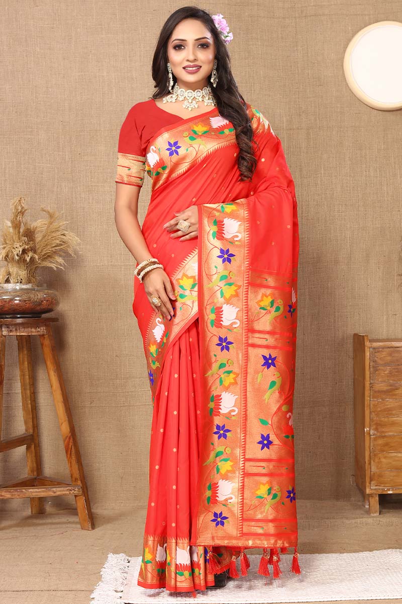 Beguiling Red Paithani Silk Saree With Embellished Blouse Piece - Surats Fabric