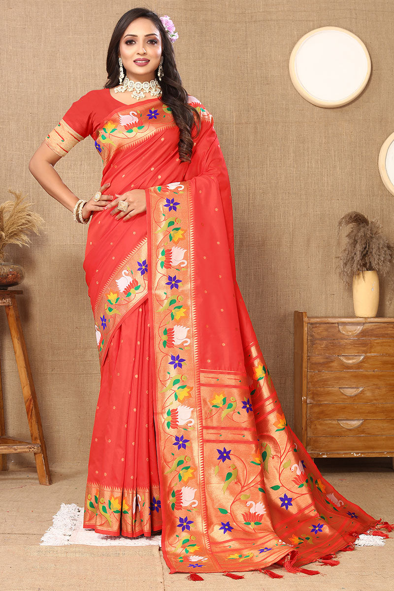 Beguiling Red Paithani Silk Saree With Embellished Blouse Piece - Surats Fabric