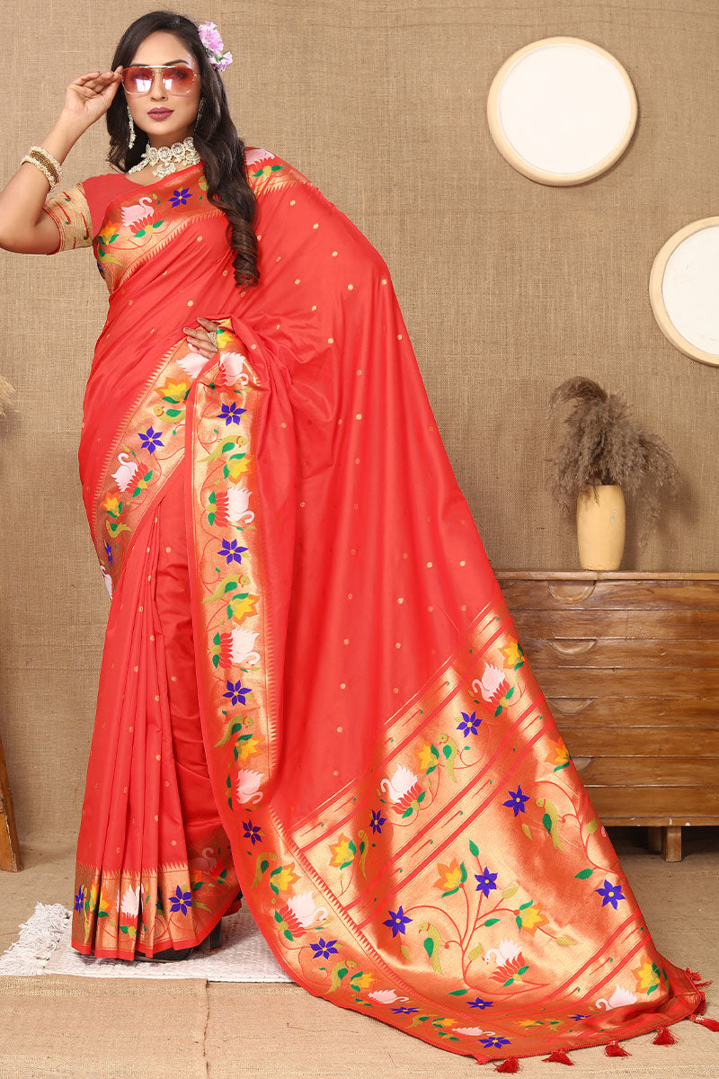 Beguiling Red Paithani Silk Saree With Embellished Blouse Piece - Surats Fabric